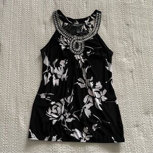Vintage INC black and white floral top with beads and gems